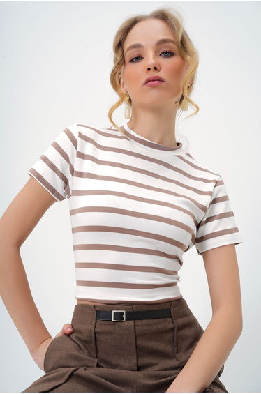 Women's Dark Beige Crew Neck Half Sleeve Striped Crop Blouse