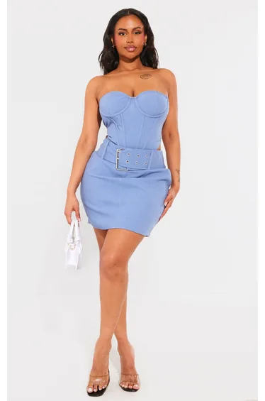 Shape Washed Blue Woven Buckle Detail Mini Skirt