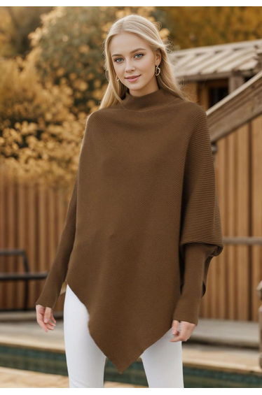 Asymmetric Batwing Sleeve Ribbed Knit Poncho in Caramel