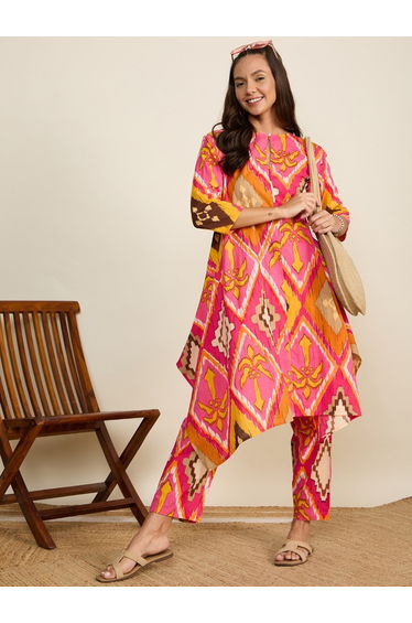 Women Pink Geometric Print Tunic with Trousers Co-Ords