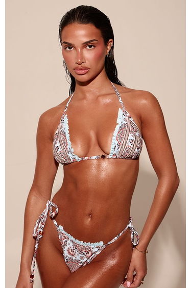 Blue Paisley Print Frill Hem Tie Side Bikini Bottoms