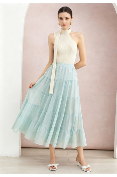 Sparkling Rhinestones Tiered Frilling Chiffon Maxi Skirt in Mint for Evening Party & Dressy Brunch
