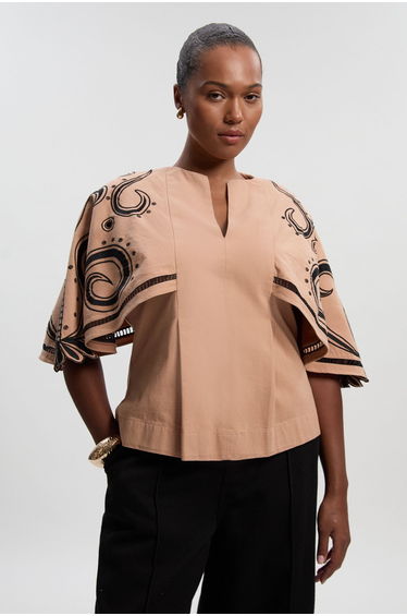 Plus Size Baroque Embroidered Cape Sleeve Woven Twill Top