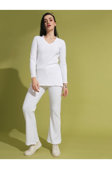 V-Neck Ribbed Long Sleeves Side Slit Top and Trouser Co-Ords
