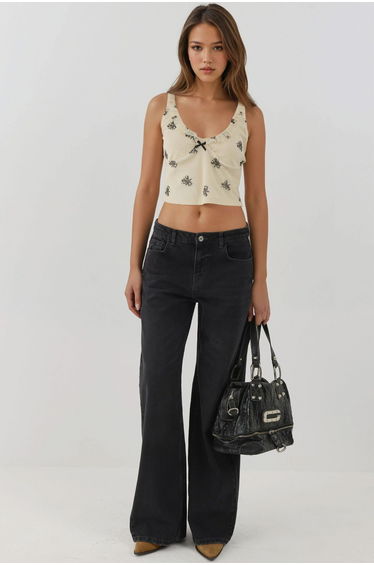 U Collar Printed Crop Tank Top