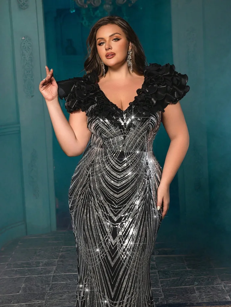 plus size black sequin mermaid dress Plus Size Black Glitter Mermaid Gown with Illusion Neckline  Curve-Hugging  Formal Dress CDCM365C