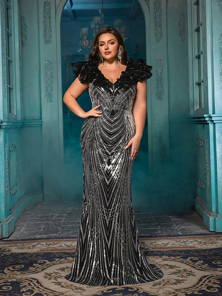 plus size sequin mermaid dress Plus Size Back Lace Up Sequin Mermaid Dress Green / 3XL
