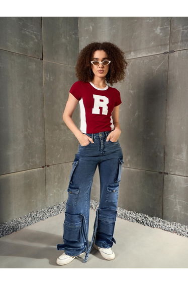 Maroon Contrast Panel Initial Print Fitted T-Shirt