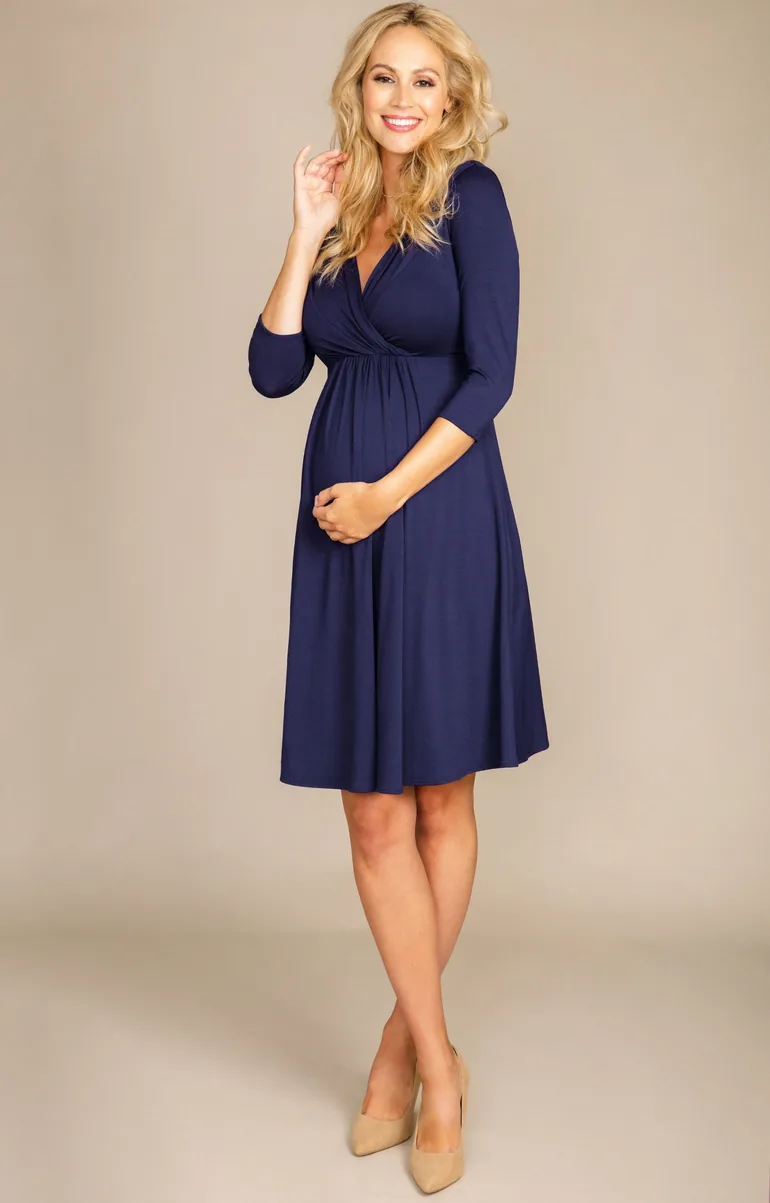 Blue Maternity Pleated A-Line Midi Dress - 1