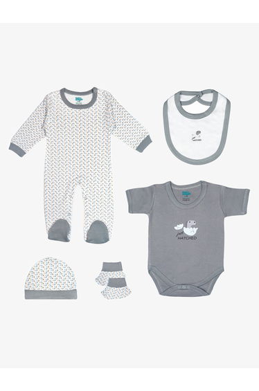 5-Piece 100% Cotton Bib, Romper, Mittens, Cap and Sleepsuit Set