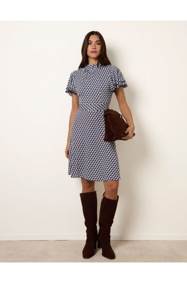 High Neck Angel Sleeve Mini Dress