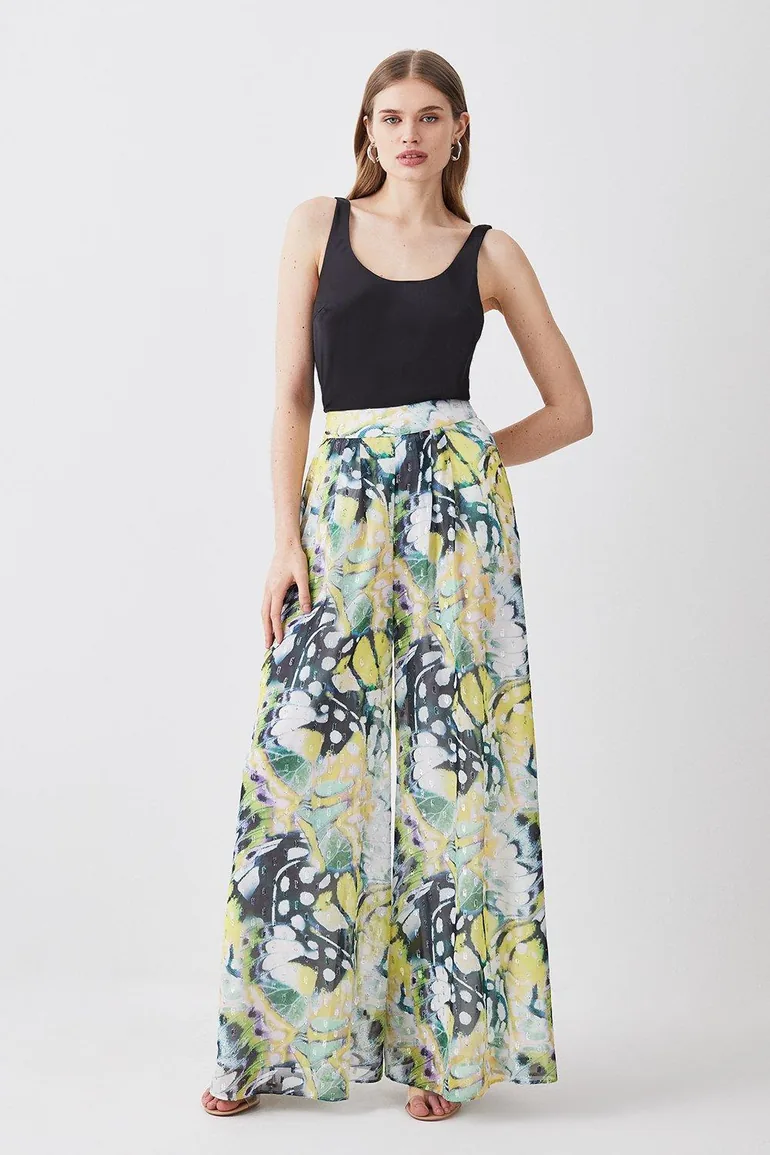 Butterfly Metallic Pleated Woven Wide Leg Trousers
