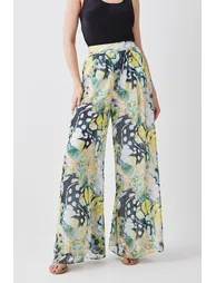 Butterfly Metallic Pleated Woven Wide Leg Trousers - 1