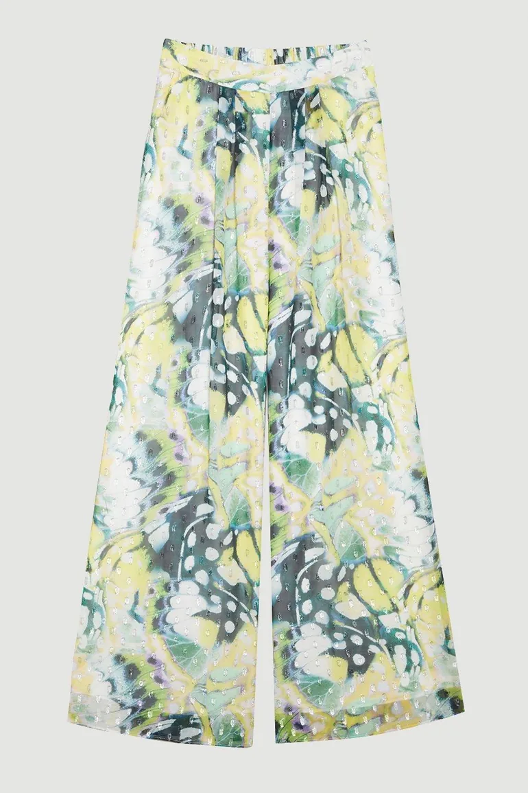 Butterfly Metallic Pleated Woven Wide Leg Trousers - 3