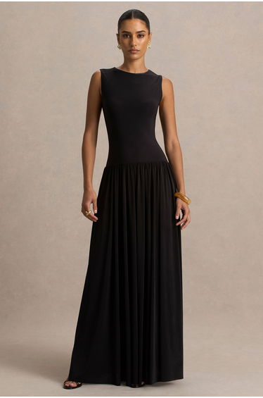 Rosalita | Black Crew-Neck Maxi Dress With Drop-Waist