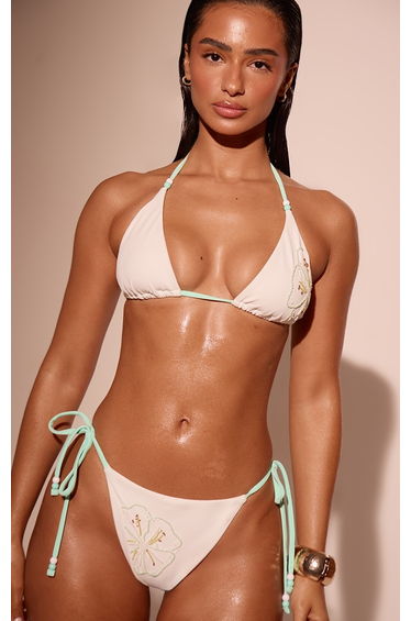 White Beaded Hibiscus Tie Side Bikini Bottoms