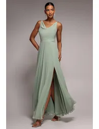 Chiffon Cowl Twisted Rope Strap Lace-up Flared Maxi Dress - Sage Green by Goddiva