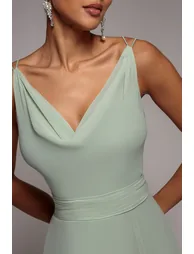 Chiffon Cowl Twisted Rope Strap Lace-up Flared Maxi Dress - Sage Green by Goddiva - 2