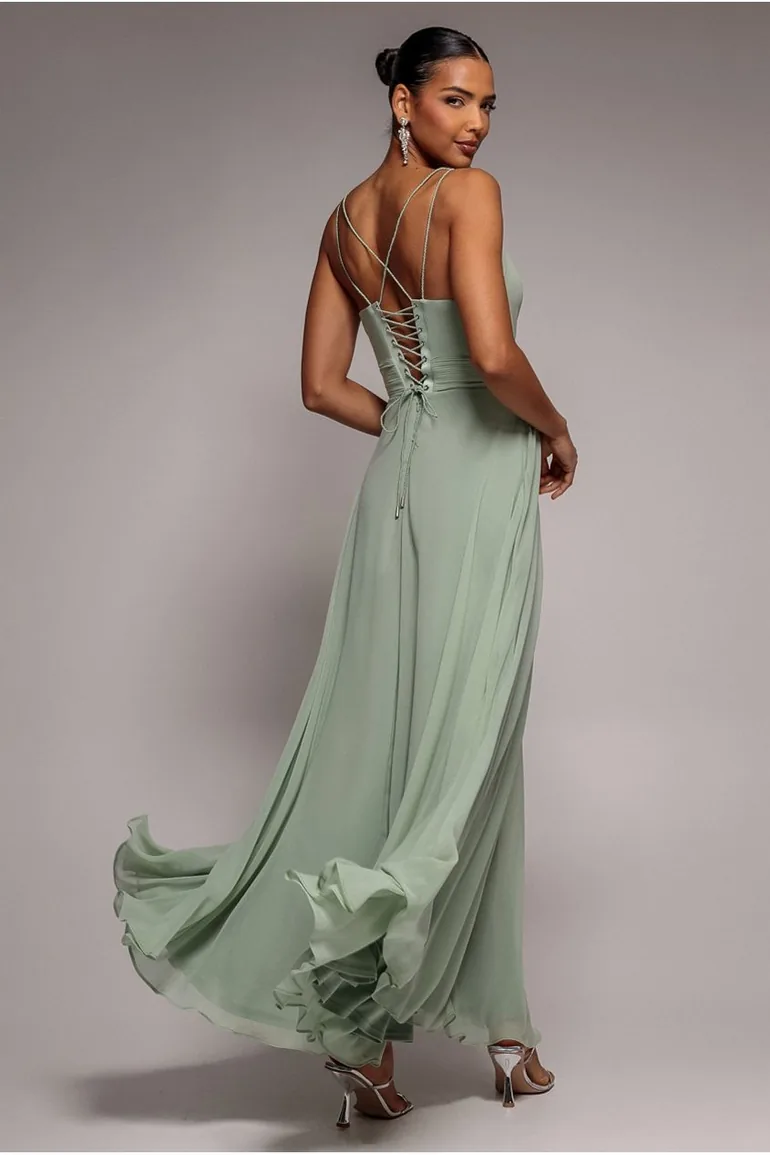 Chiffon Cowl Twisted Rope Strap Lace-up Flared Maxi Dress - Sage Green by Goddiva Goddiva Green : Premium Dresses : VogaCloset Iraq Chiffon Cowl Twisted Rope Strap Lace-up Flared Maxi Dress - Sage Green by Goddiva Goddiva Green : Premium Dresses : VogaCloset Iraq