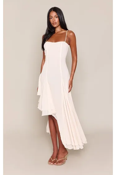 Tall Cream Chiffon Contrast Asymmetric Floaty Midaxi Dress