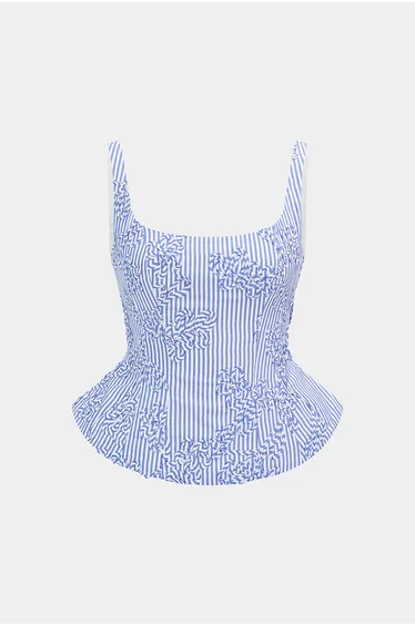 Stripes Print Floral Embroidery Cami Top