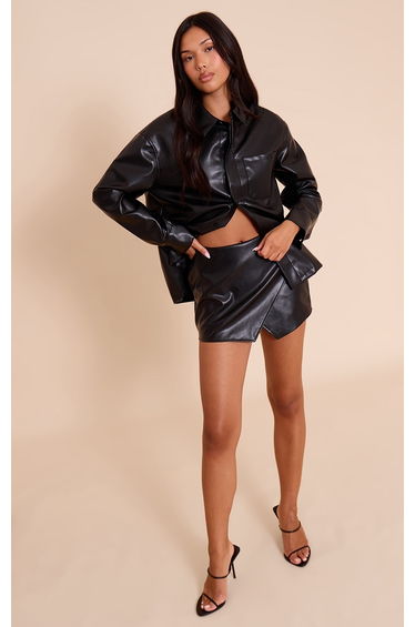 Black Faux Leather Wrap Mini Skirt