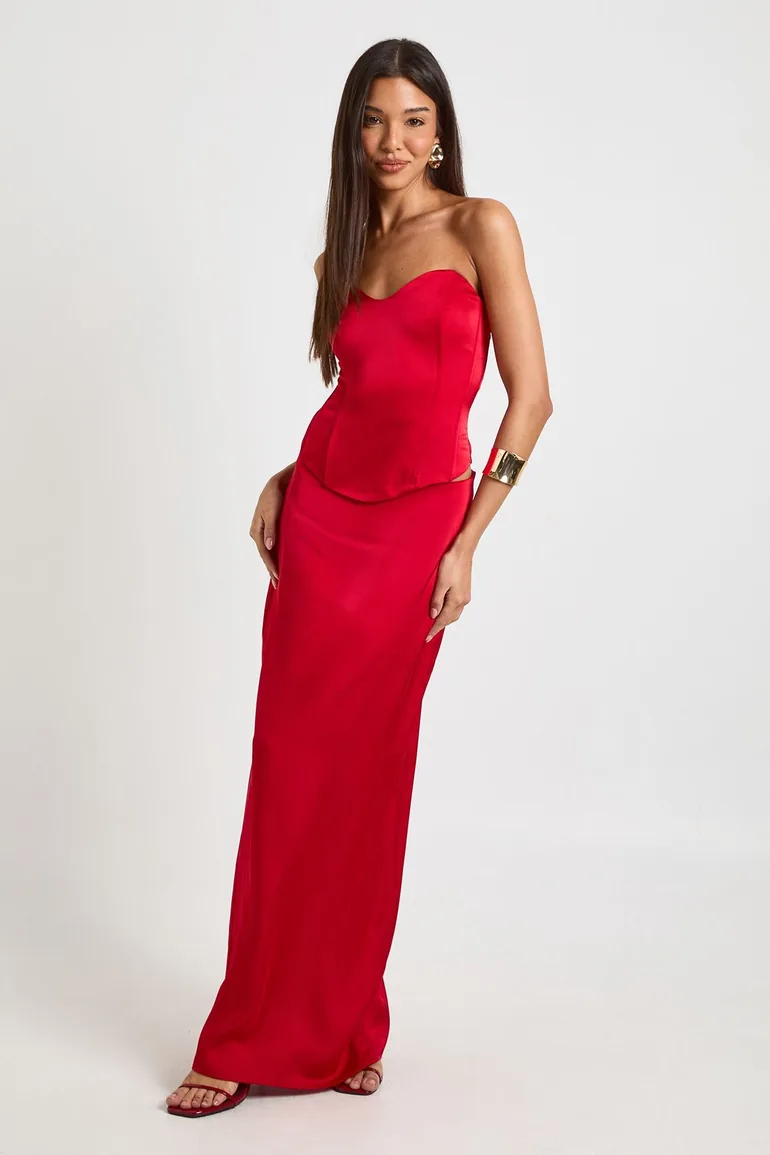Satin Fishtail Maxi Skirt - red