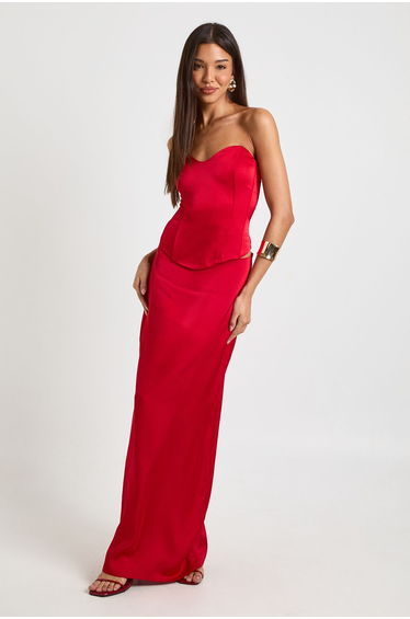 Satin Fishtail Maxi Skirt - red