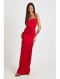 Satin Fishtail Maxi Skirt - red