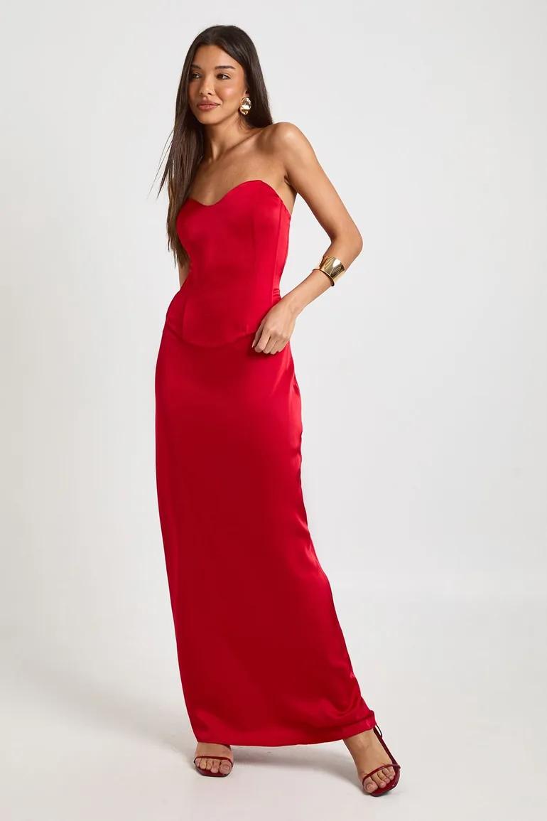 Satin Fishtail Maxi Skirt - red - 2