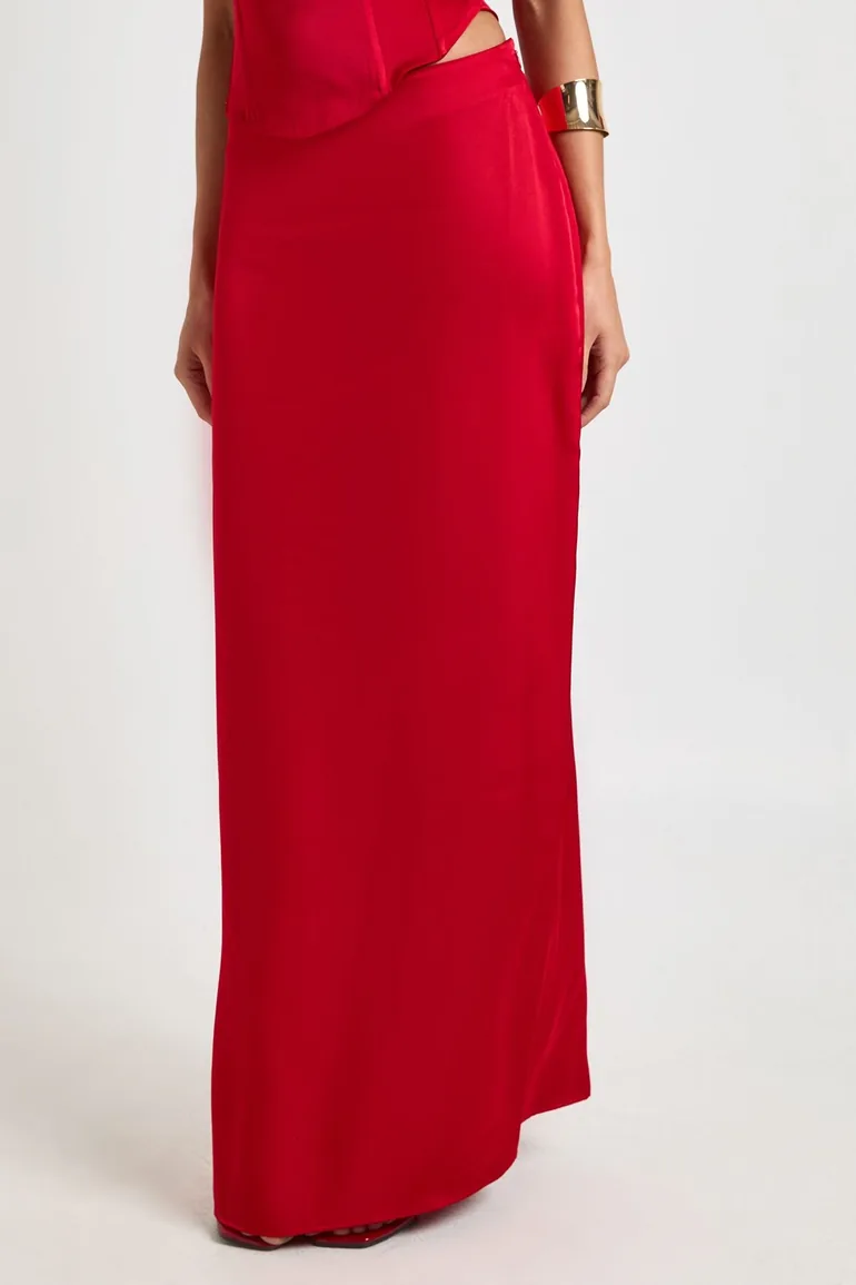 Satin Fishtail Maxi Skirt - red - 3