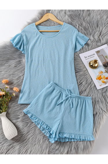 Blue Ruffle Trim Top and Shorts Pyjama Set