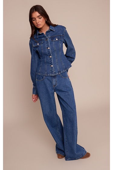 Dark Blue Mid Rise Wide Leg Jeans