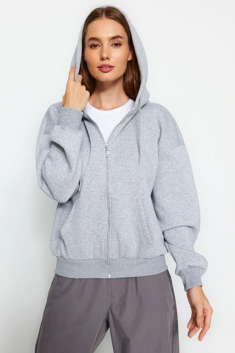 Gray Oversize/Comfortable fit Basic with Zippered Fleece Inside Knitted Hoodie - 3