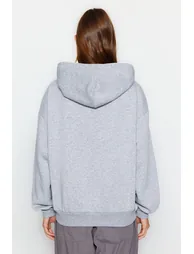 Gray Oversize/Comfortable fit Basic with Zippered Fleece Inside Knitted Hoodie - 1