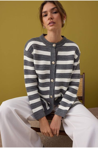 Gray Metal Buttoned Striped Openwork Knitwear Cardigan