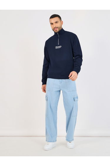 Quarter Zip Minimal Print High Neck Rib Relaxed Sweatshirt
