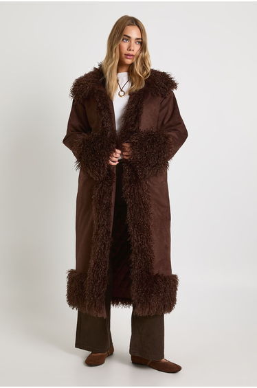 Faux Fur Trim Faux Suede Coat - chocolate