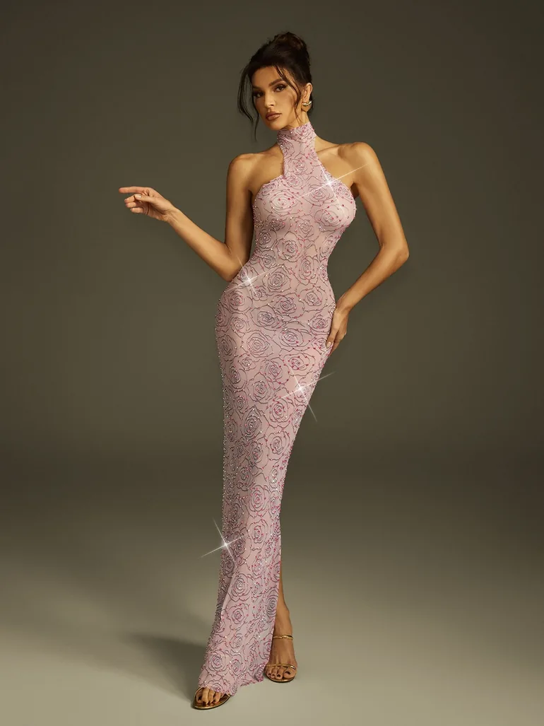 Corinthe High Neck Rhinestone Floral Split Maxi Dress - 1