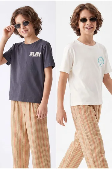 Anthracite-Ecru Boys' 2-Piece Plain Knitted T-Shirt