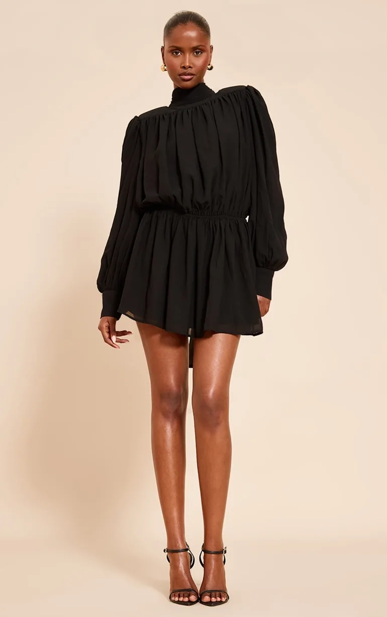 black shift dress with chiffon sleeves boohoo Women's Plus Chiffon Tie Front Shift Dress in Black