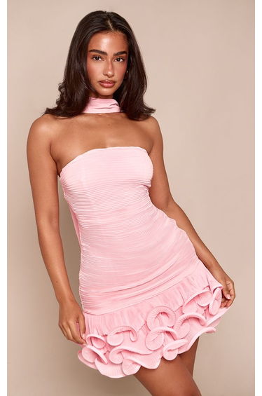 Petite Baby Pink Plisse Drape Neck Layered Frill Hem Mini Dress