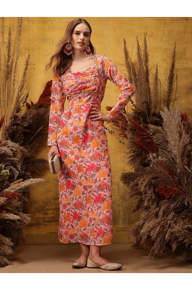 Pink Sequined Yoke Printed Ethnic Maxi Dresses