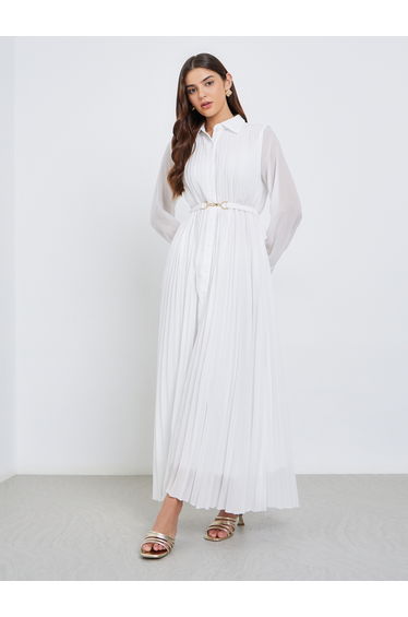 Pleated Shirt Maxi Dress with Belt Detail