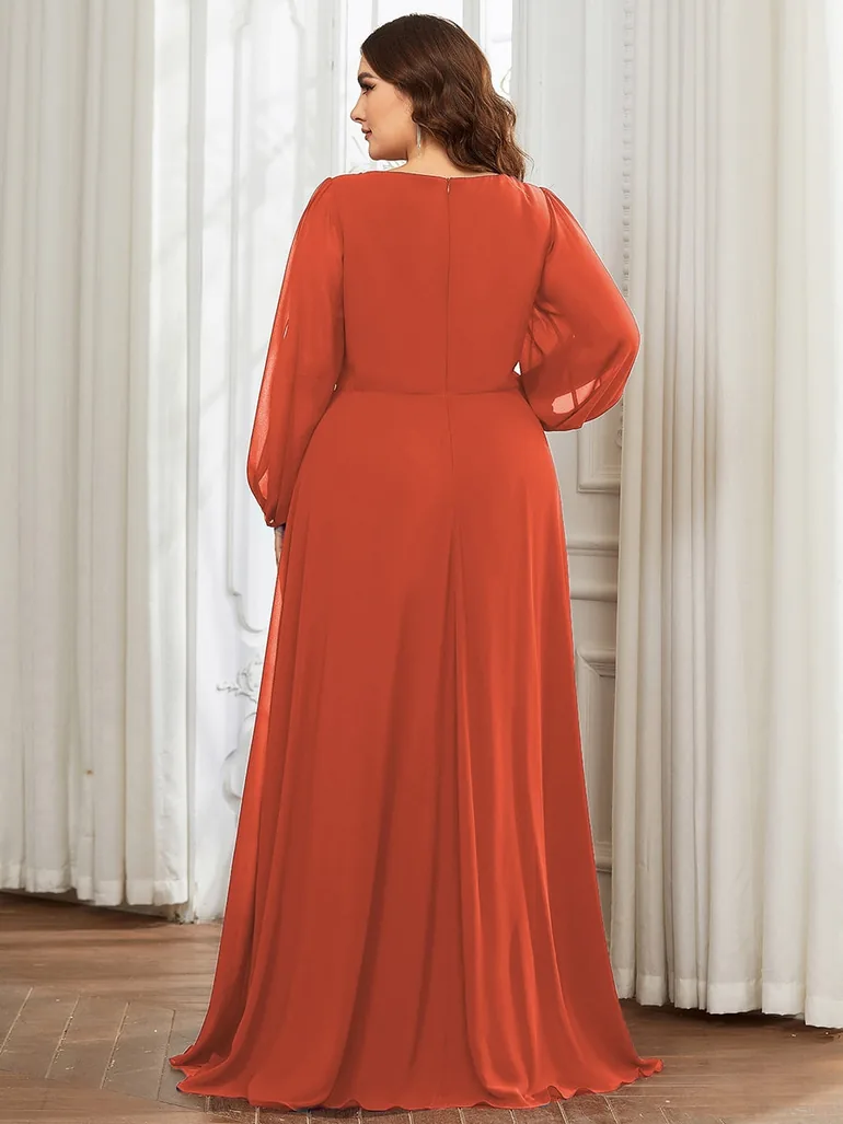 pretty AMOUR|Stylish Plus Size Chiffon Formal Evening Dresses with Long Lantern Sleeves - 3