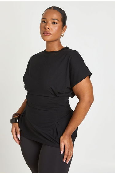 Plus Pleat Waist Peplum T -Shirt - black
