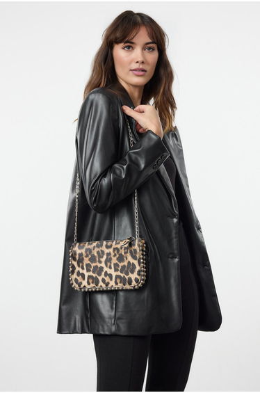 Leopard Brown Printed Studded Crossbody Women's Wallet Bag