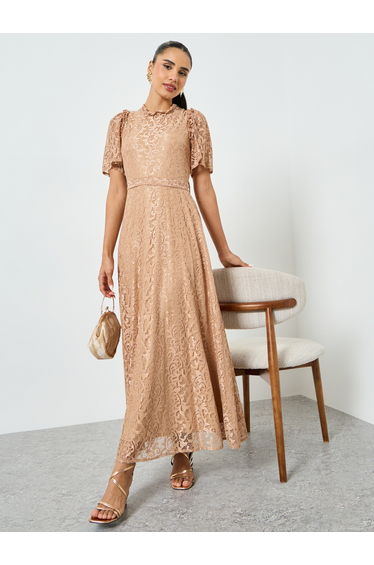 Beige Lace Short Sleeve A-Line Maxi Dress