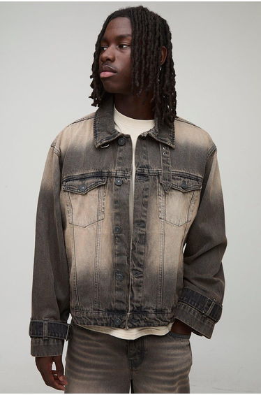Regular Fit Washed Funnel Neck Denim Jacket - washed black
