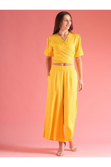 Women Yellow Polka Dot Print Wrap Tie Back Top and Palazzos Co-Ords